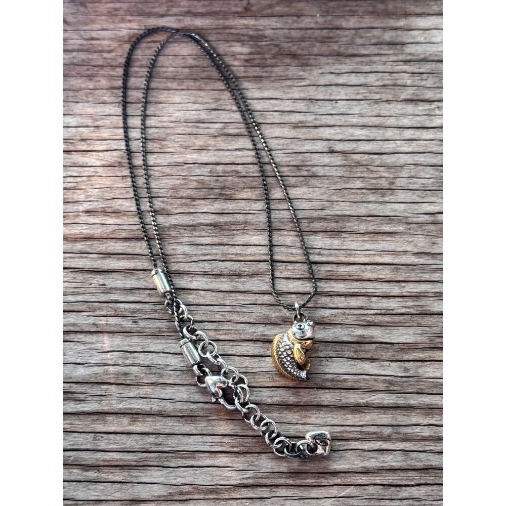 Brighton Two Tone Fish Pendant Necklace Adjustable Cord Silver Gold Heart Tag